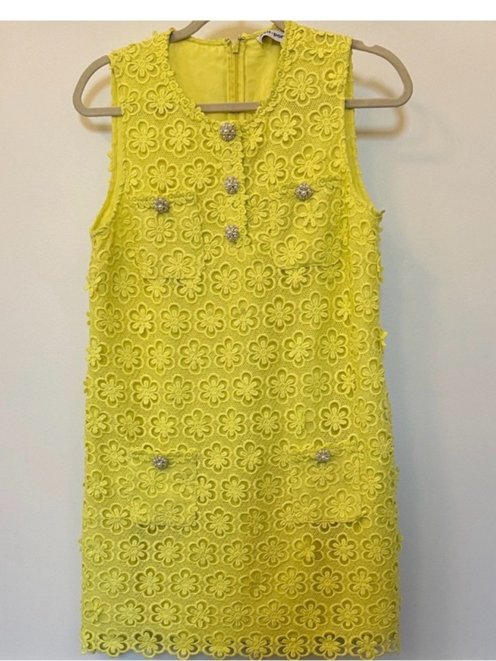 Self-Portrait Yellow Floral Lace Shift Dress with Jeweled Buttons